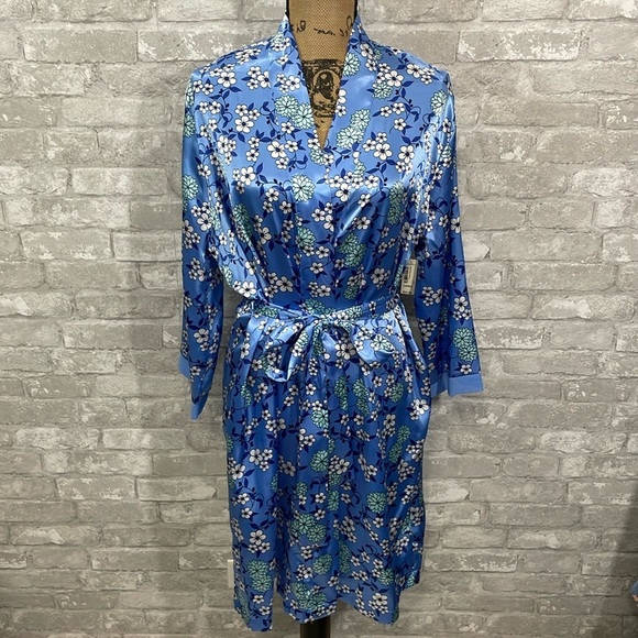 Adonna Blue Satin Floral Robe - Picture 1 of 7
